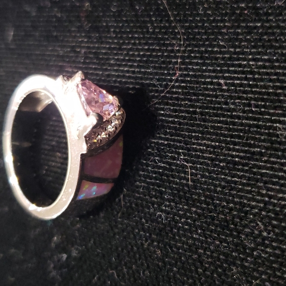 Silver Tone Ring with Inlaid Abalone & Heart Shaped Pink Sapphire on CZ Stones - Picture 4 of 6